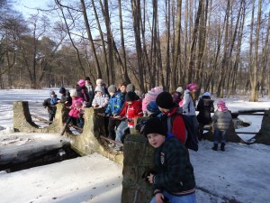 uczestnicy ferii zimowych spacerują nad Kanałem Bydgoskim