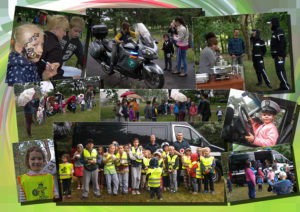 Collage zdjęć: dziewczynka z namalowaną na twarzy rybką; chłopiec siedzący na motocyklu Inspekcji Transportu Drogowego; policjanci i pracownicy socjalni przygotowujący poczęstunek; dzieci wraz z rodzicami pod parasolami; dziewczynka w policyjnej czapce za kierownicą samochodu służbowego; dziewczynka z pomalowana twarzą i w kamizelce odblaskowej z krokodylem - maskotką ITD; zdjęcie grupowe dzieci w kamizelkach odblaskowych oraz funkcjonariuszy ITD; kolejka dzieci do zwiedzania samochodu służbowego ITD.